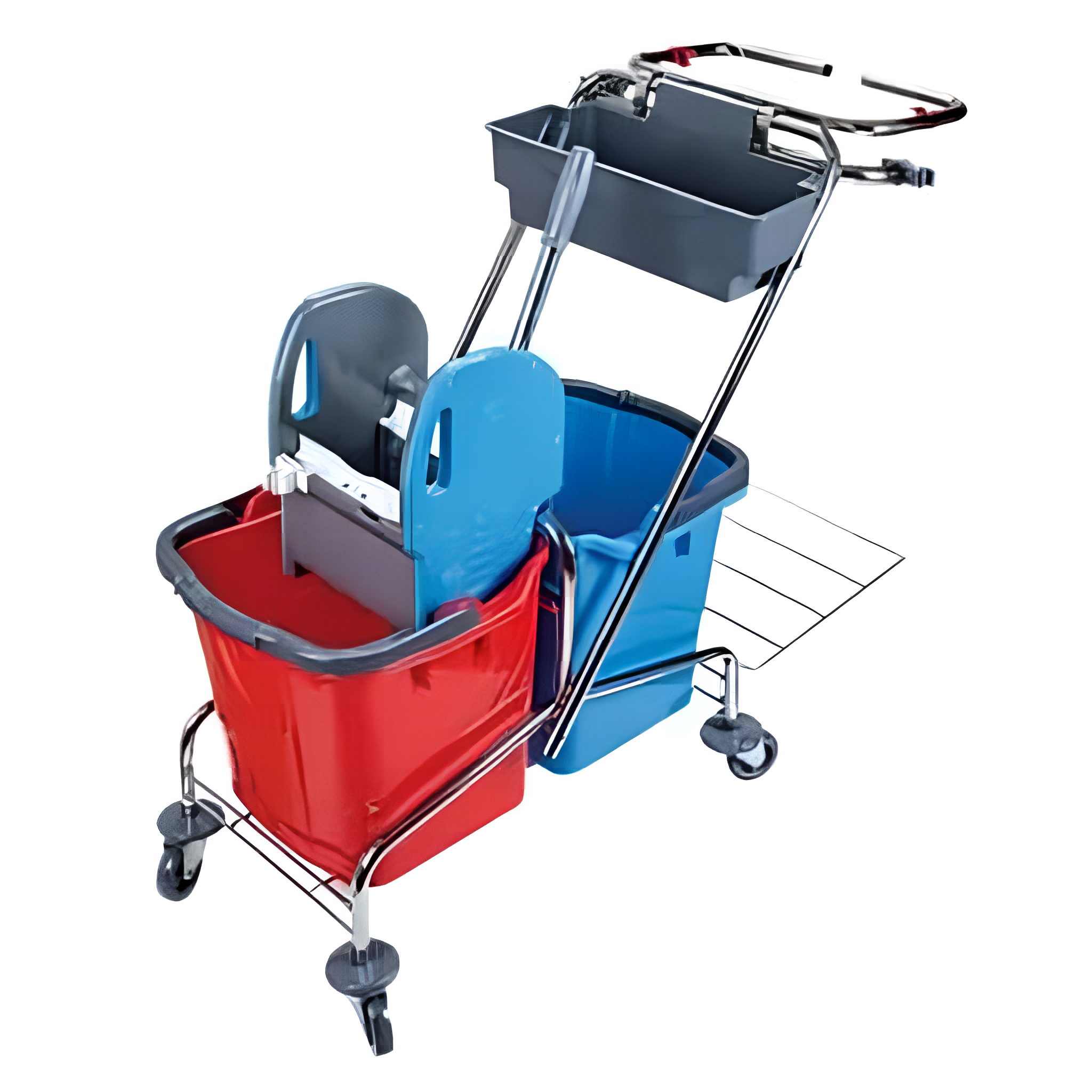 Takarítókocsi, krómvázas, zsáktartóval, 2x18 literes vödörrel