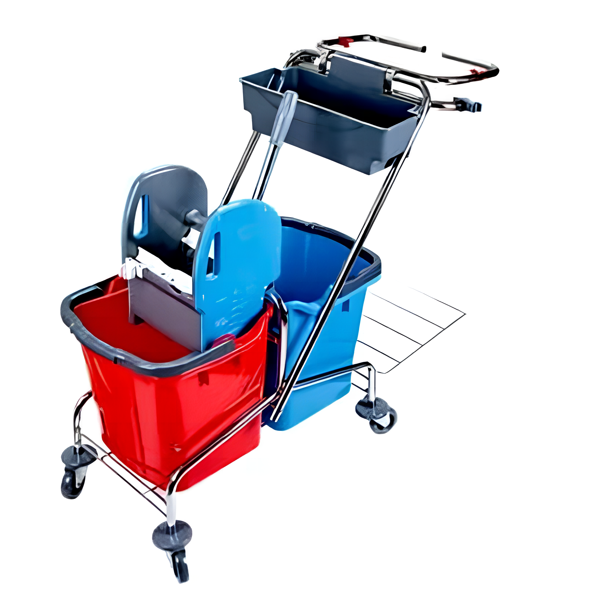 Takarítókocsi, krómvázas, zsáktartóval, 2x25 literes vödörrel