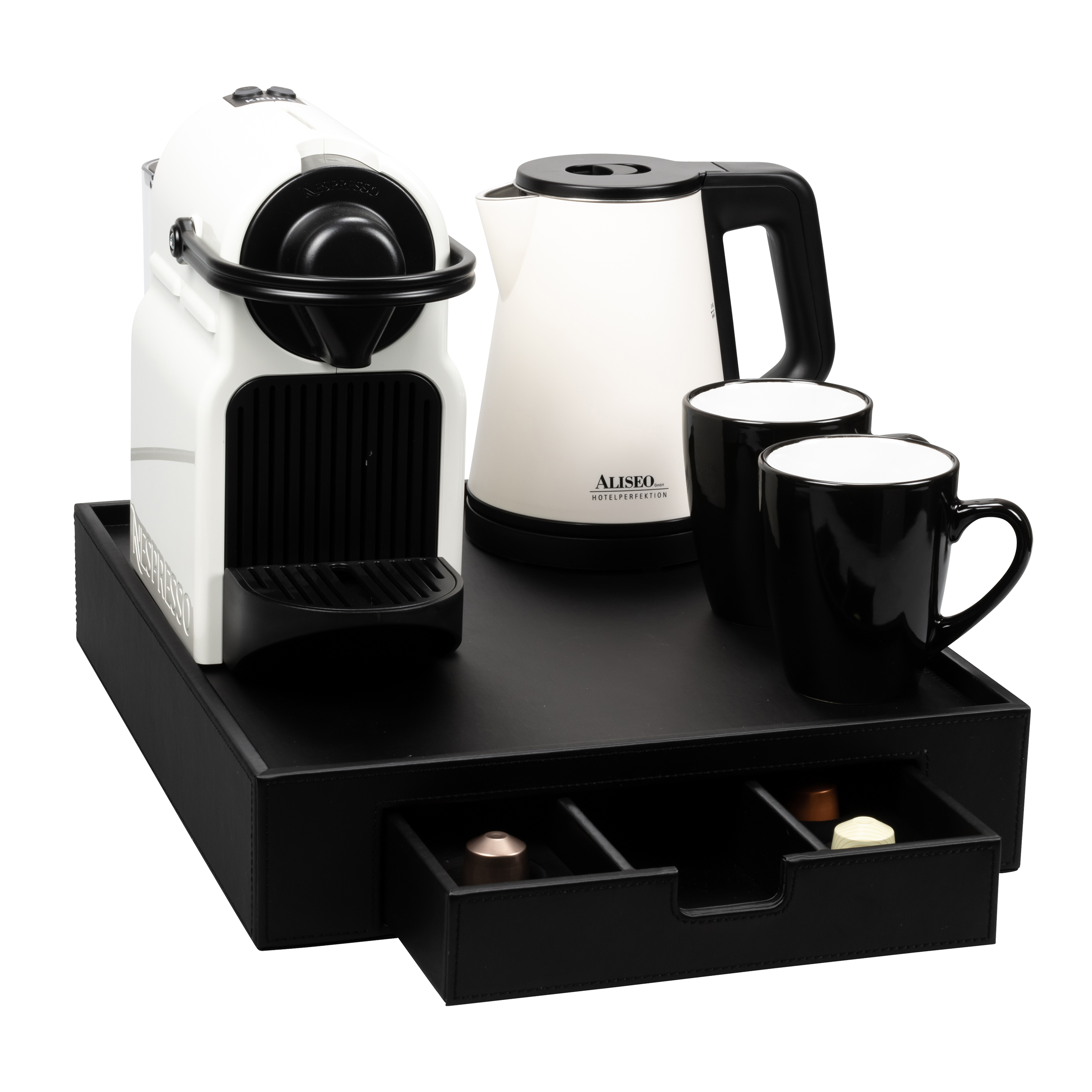 Londoner Classic Line, Tray, faux leather 330 x 75 x 420 black, With drawer W x H x D in mm