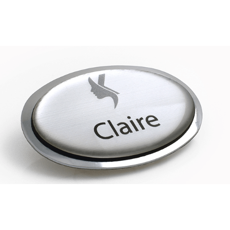 Domed oval name badge silver 62x37 mm