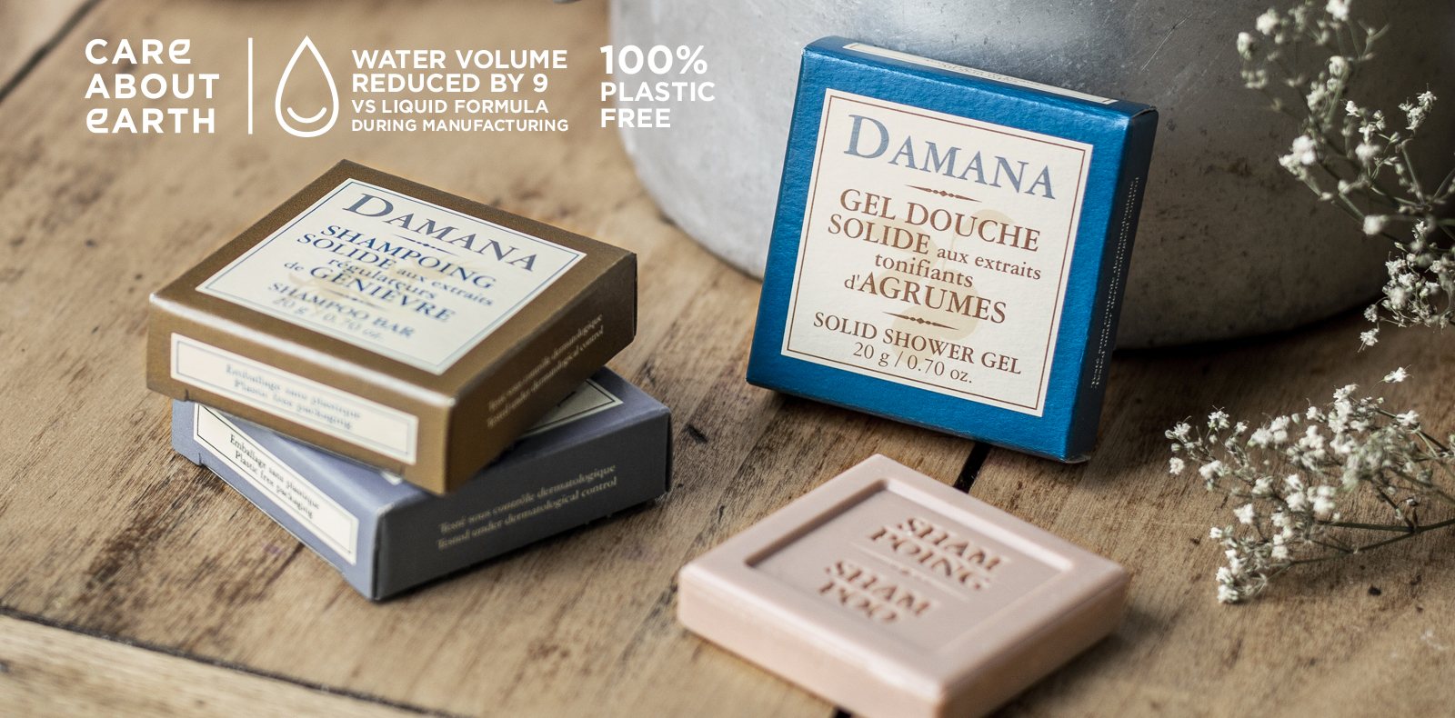 Damana Earth & Sun szilárd szappanok szállodai fürdőszobai környezetben