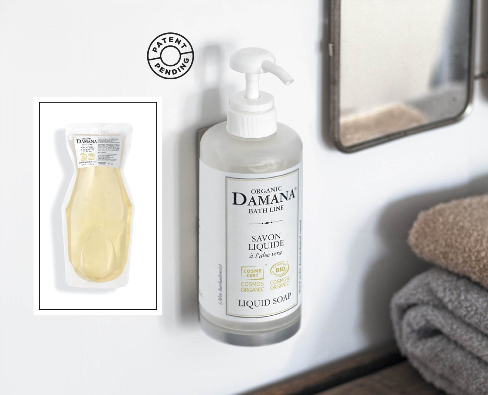 Damana Organic Bath Line Ecofill adagoló fürdőszobai környezetben