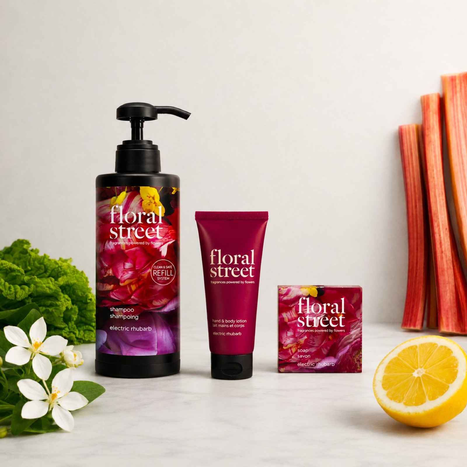 Floral Street Electric Rhubarb hotelvonal a teljes termékcsaládot bemutató hivatalos képen